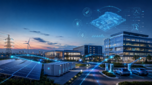 Smart energy campus digital twin with solar panels battery systems electric vehicles and connected buildings